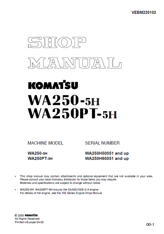 Manual de Taller Cargador Komatsu WA250-5H - WA250H50051, WA250PT-5H - WA250H60051