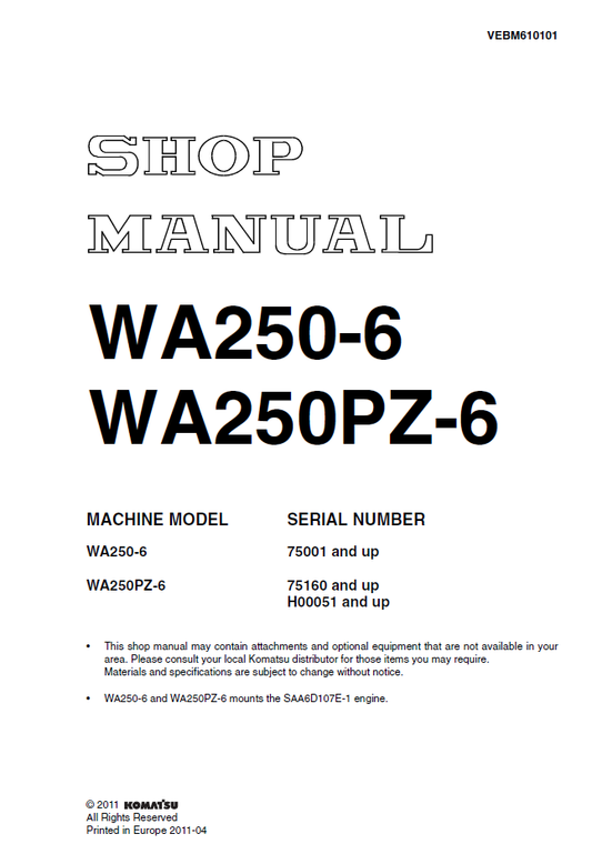 Manual de Taller Cargador Komatsu WA250-6 - 75001, WA250PZ-6 - 75160, H00051