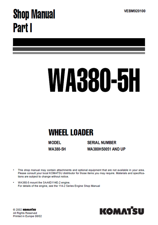 Manual de Taller Cargador Komatsu WA380-5H - WA380H50051