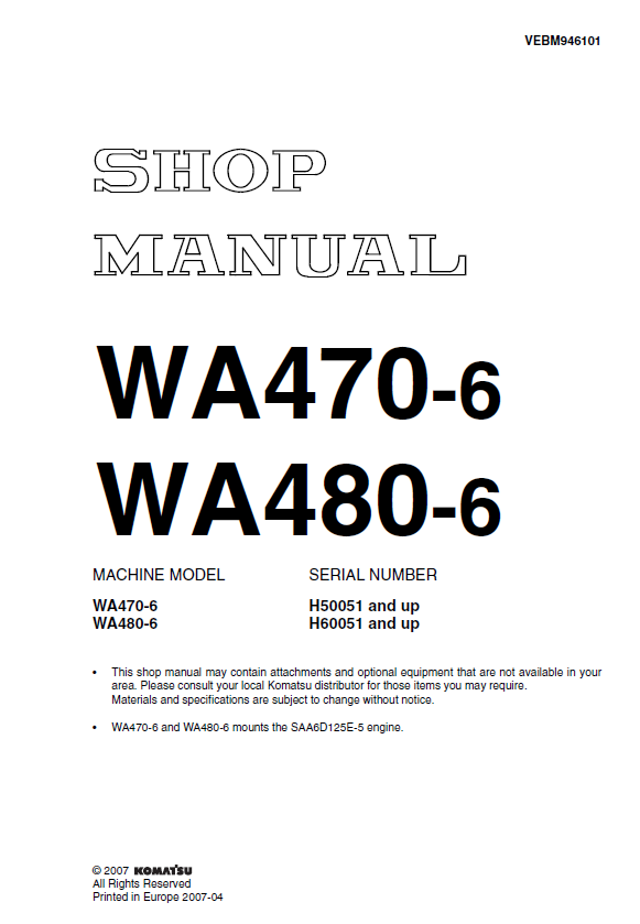 Manual de Taller Cargador Komatsu WA470-6 - H50051, WA480-6 - H60051