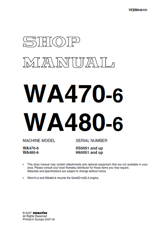Manual de Taller Cargador Komatsu WA470-6 - H50051, WA480-6 - H60051
