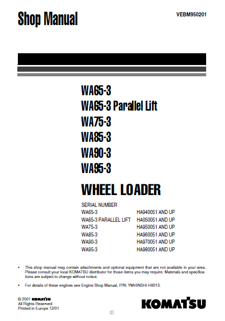 Manual de Taller Cargador Komatsu WA65-3 - HA940051, WA65-3 PARALLEL LIFT - HA050051, WA75-3 - HA950051, WA85-3 - HA960051, WA90-3 - HA970051, WA95-3 - HA980051
