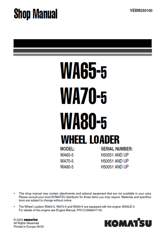 Manual de Taller Cargador Komatsu WA65-5 - H50051, WA70-5 - H50051, WA80-5 - H50051