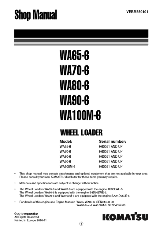 Manual de Taller Cargador Komatsu WA65-6 to WA100-6