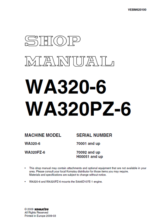 Manual de Taller Cargador Komatsu WA320-6 - 70001, WA320PZ-6 - 70092, H00051