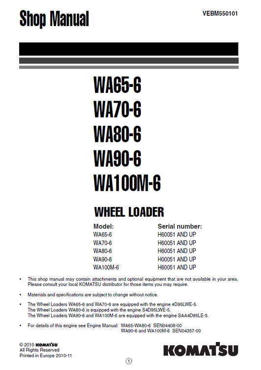 Manual de Taller Cargador WA65-6, WA70-6, WA80-6, WA100M-6  - H60051, WA90-6 - H00051
