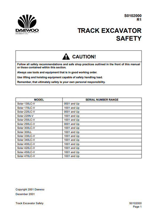 Manual de Taller Excavadora Daewoo Solar 130LC-V a Solar 470LC-V