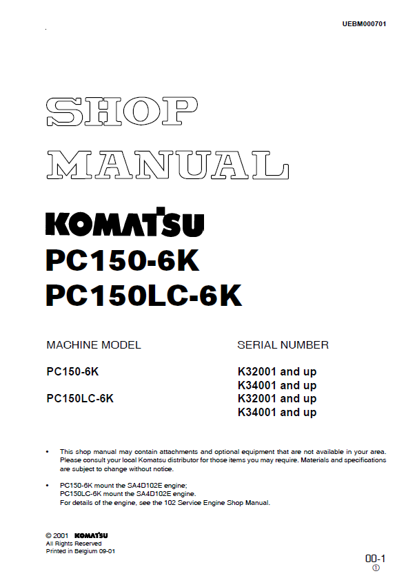 Manual de Taller Excavadora Komatsu PC150-6K, PC150LC-6K - K32001, K34001