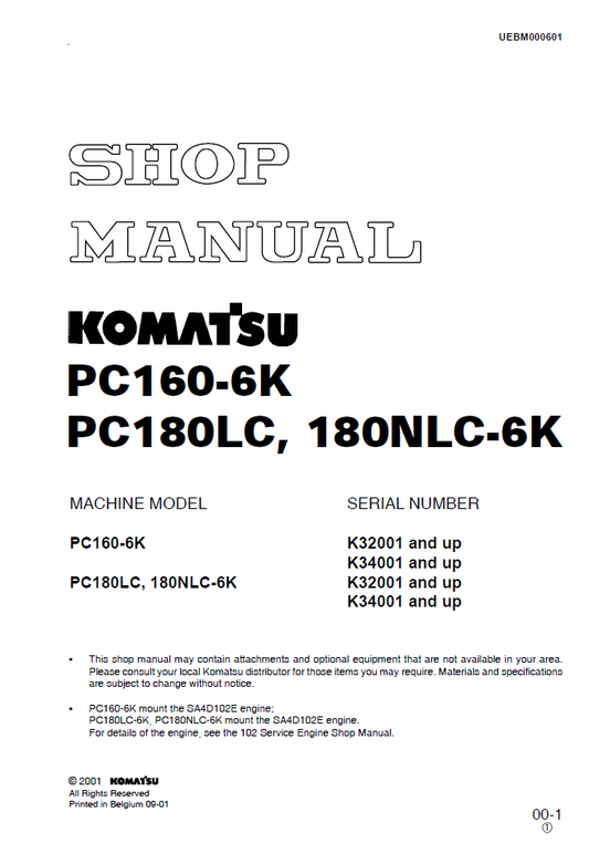 Manual de Taller Excavadora Komatsu PC160-6K, PC180LC, 180NLC-6K - K32001, K34001