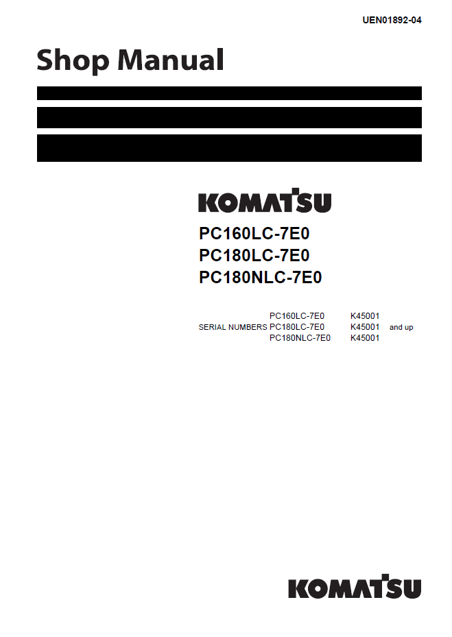 Manual de Taller Excavadora Komatsu PC160LC-7E0, PC180LC-7E0, PC180NLC-7E0 - K45001