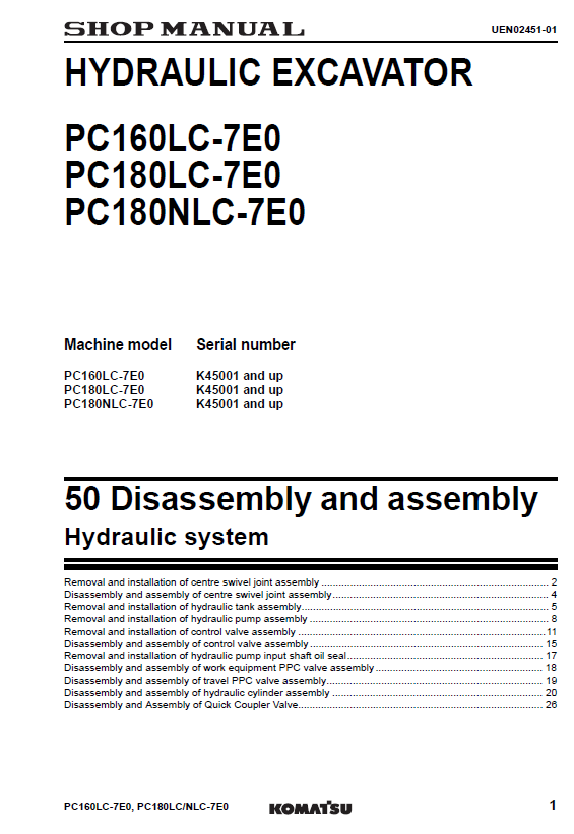 Manual de Taller Excavadora Komatsu PC160LC-7E0, PC180LC-7E0, PC180NLC-7E0 - K45001