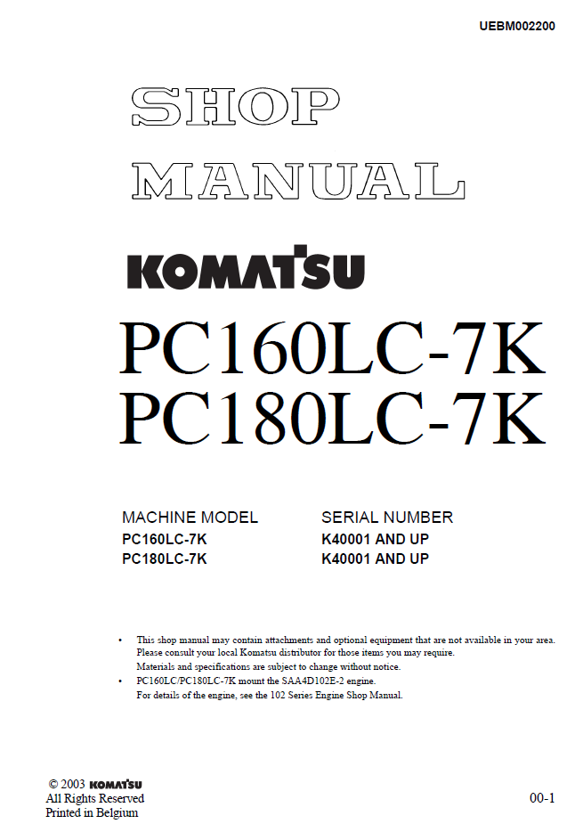 Manual de Taller Excavadora Komatsu PC160LC-7K, PC180LC-7K - K40001