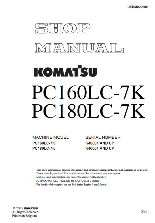 Manual de Taller Excavadora Komatsu PC160LC-7K, PC180LC-7K - K40001