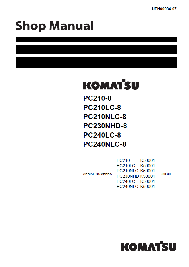 Manual de Taller Excavadora Komatsu PC210-8, PC210LC-8, PC210NLC-8, PC230NHD-8, PC240LC-8, PC240NLC-8 - K50001