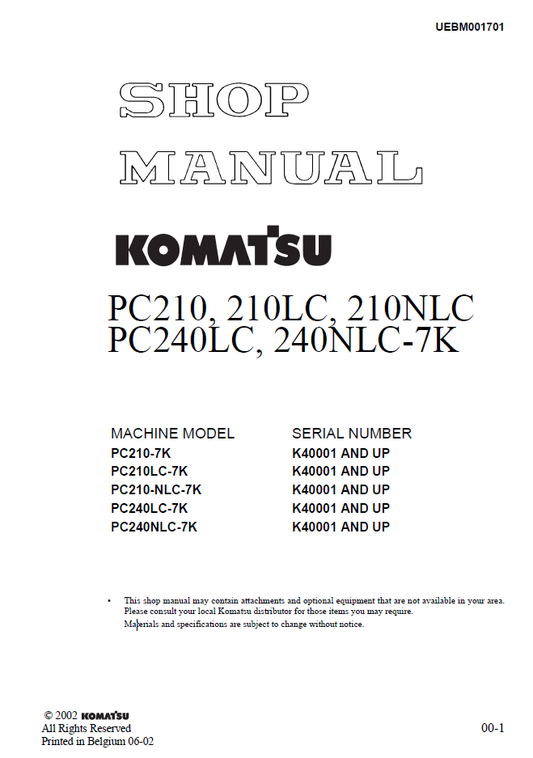 Manual de Taller Excavadora Komatsu PC210, 210LC, 210NLC, PC240LC, 240NLC-7K - K40001