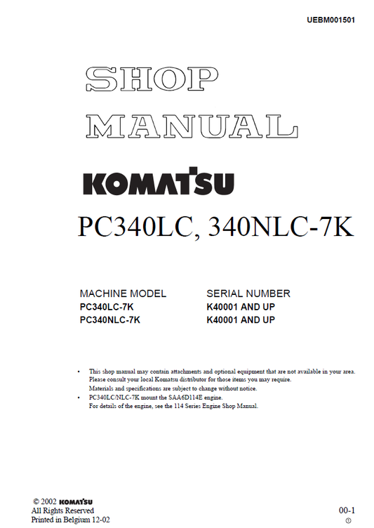 Manual de Taller Excavadora Komatsu PC340LC, 340NLC-7K - K40001