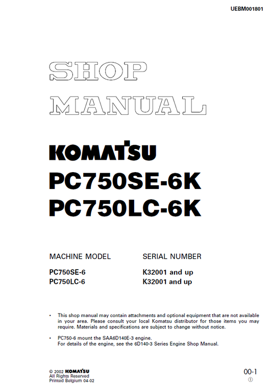 Manual de Taller Excavadora Komatsu PC750SE-6K, PC750LC-6K - K32001