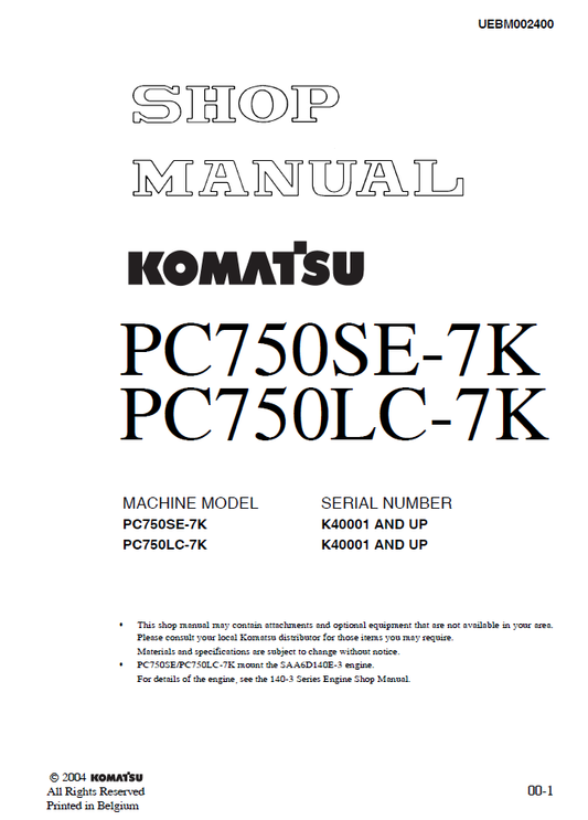 Manual de Taller Excavadora Komatsu PC750SE-7K, PC750LC-7K - K40001