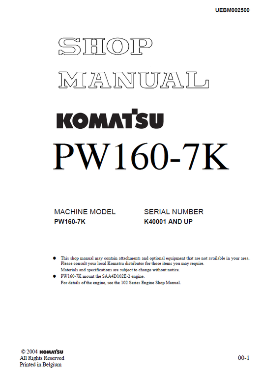 Manual de Taller Excavadora Komatsu PW160-7K - K40001