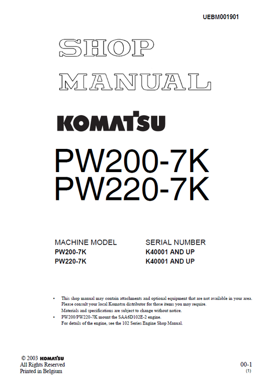Manual de Taller Excavadora Komatsu PW200-7K, PW220-7K - K40001