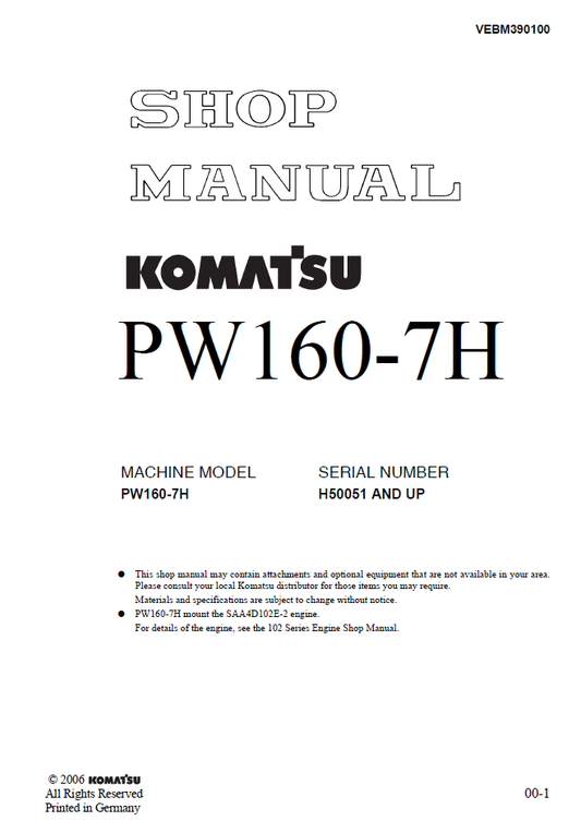 Manual de Taller Excavadora Sobre Ruedas Komatsu PW160- 7H - H50051