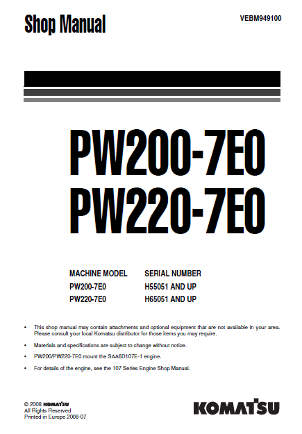 Manual de Taller Excavadora Sobre Ruedas Komatsu PW200-7EO - H55051, PW220-7EO - H65051