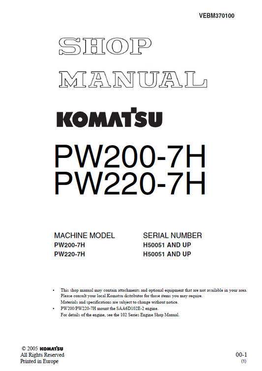 Manual de Taller Excavadora Sobre Ruedas Komatsu PW200-7H - H50051, PW220-7H - H50051