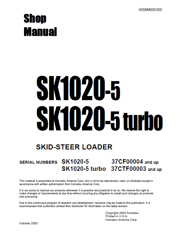 Manual de Taller Minicargador Komatsu SK1020-5 - 37CF00004, SK1020-5 Turbo - 37CTF00003