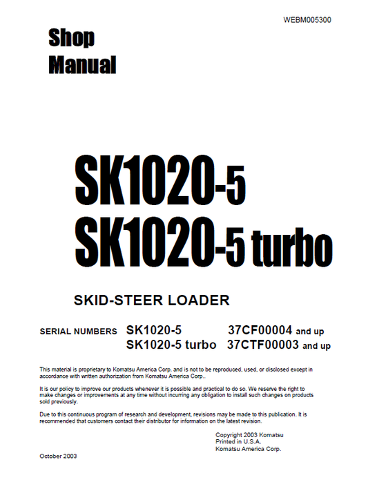 Manual de Taller Minicargador Komatsu SK1020-5 - 37CF00004, SK1020-5 Turbo - 37CTF00003