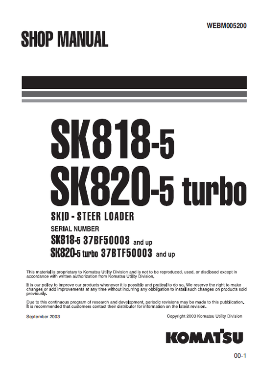 Manual de Taller Minicargador Komatsu SK818-5 - 37BF50003, AK820-5 Turbo - 37BTF50003