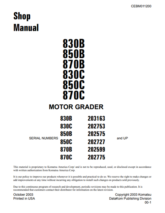 Manual de Taller Motoniveladora Komatsu 830 - 870