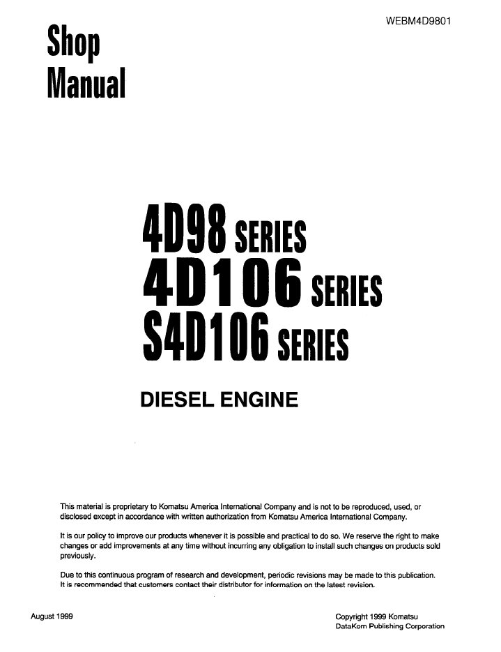 Manual de Taller Motor Diesel Komatsu 4D98 Series, 4D106 Series, S4D10 ...