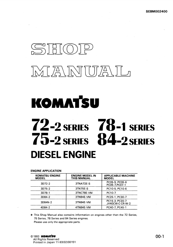 Manual de Taller Motor Komatsu 3D72-2, 3D75-2, 3D78-1, 3D84-2 Series