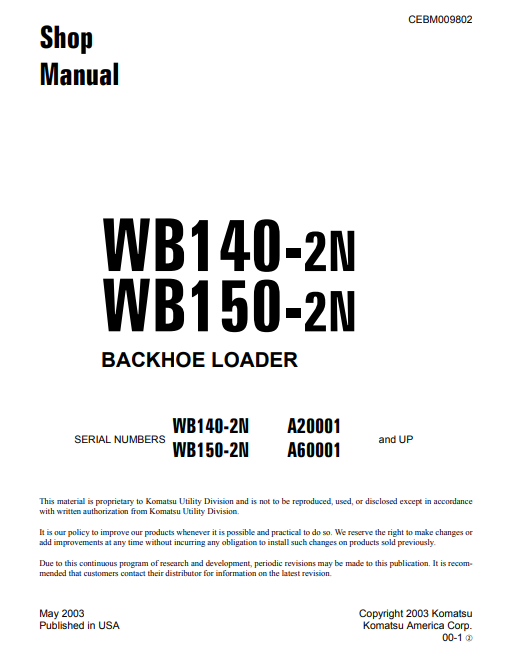 Manual de Taller Retroexcavadora Komatsu WB140-2N, WB150-2N USA