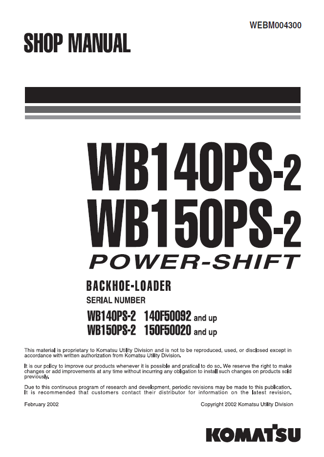 Manual de Taller Retroexcavadora Komatsu WB140PS-2 - 140F50092, WB150PS-2 - 150F50020