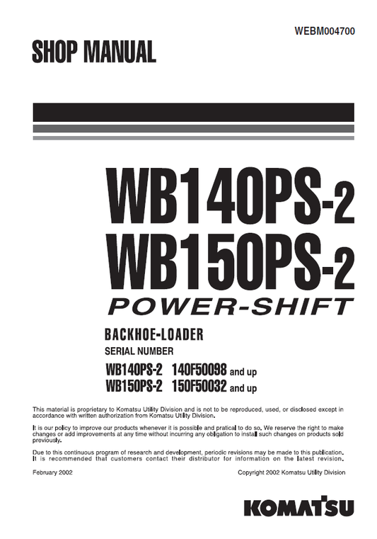 Manual de Taller Retroexcavadora Komatsu WB140PS-2 - 140F50098, WB150PS-2 - 150F50032