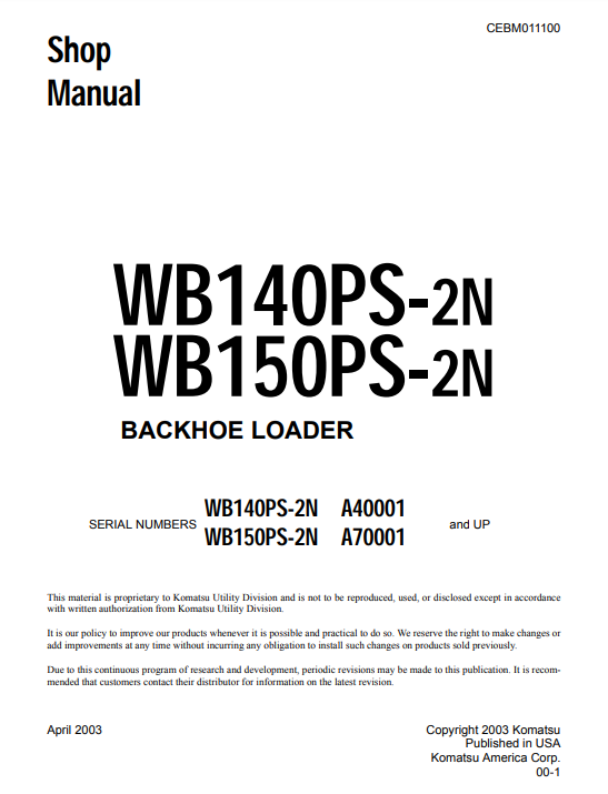 Manual de Taller Retroexcavadora Komatsu WB140PS-2N, WB150PS-2N USA