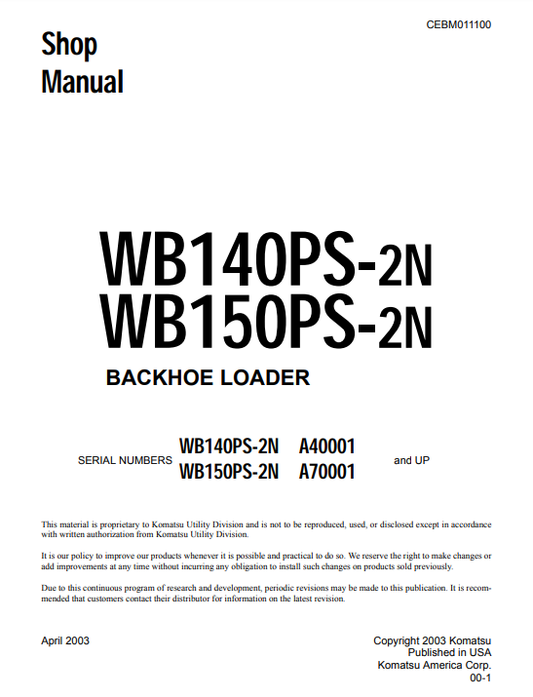 Manual de Taller Retroexcavadora Komatsu WB140PS-2N, WB150PS-2N USA