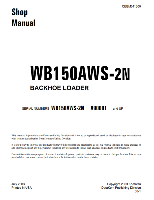 Manual de Taller Retroexcavadora Komatsu WB150AWS-2N USA