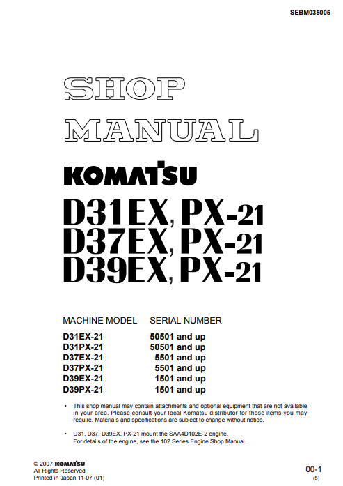 Manual de Taller Topadora Komatsu D31EX-21, D31PX-21, D37EX-21, D37PX-21, D39EX-21, D39PX-21