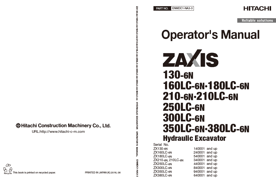 Manual del Operador Excavadora Hitachi ZX-6 Serie 130,160,180,210,250,300,350,380