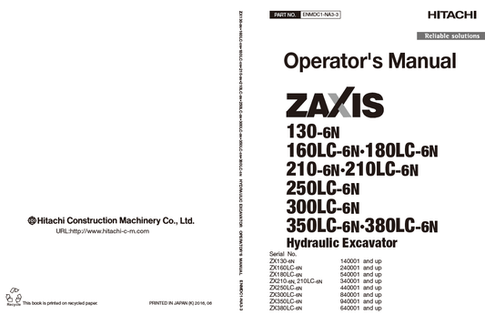 Manual del Operador Excavadora Hitachi ZX-6 Serie 130,160,180,210,250,300,350,380