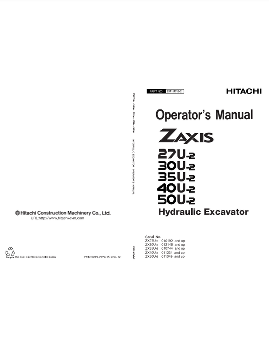 Manual del Operador Excavadora Hitachi ZX27U-2, ZX30U-2, ZX35U-2, ZX40U-2, ZX50U-2