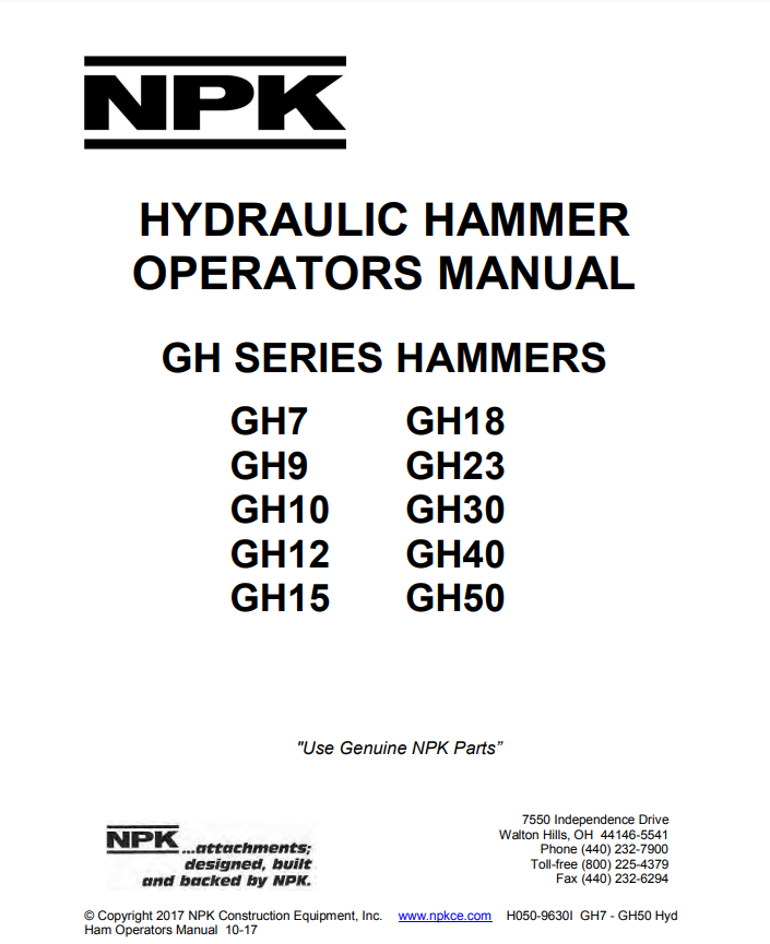 Manual del Operador Martillo NPK GH7 GH9 GH10 GH12 GH15 GH18 GH23 GH30 GH40 GH50