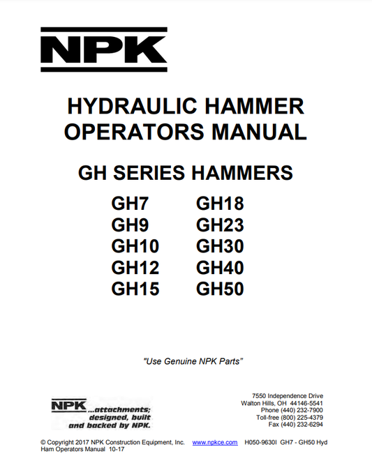 Manual del Operador Martillo NPK GH7 GH9 GH10 GH12 GH15 GH18 GH23 GH30 GH40 GH50