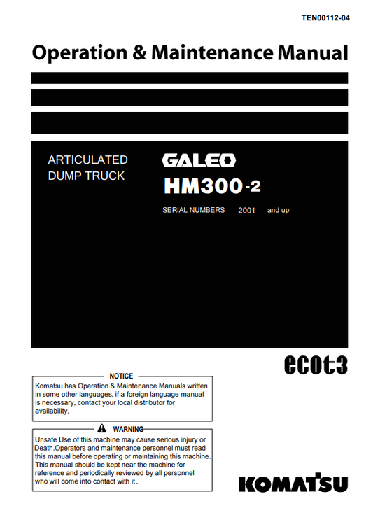 Manual de Operación y Mantenimiento Camión Japones Komatsu HM300-2  S.N 2001-2480