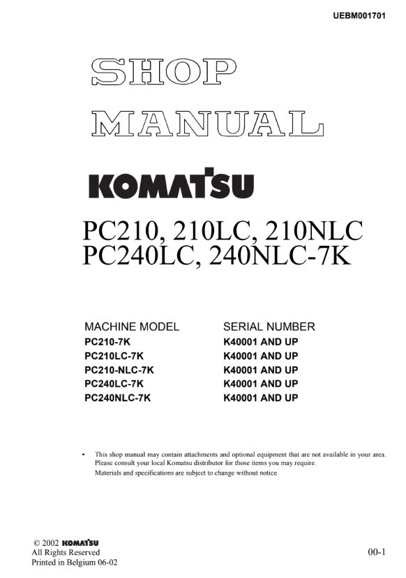 MANUAL DE SERVICIOS EXCAVADORA PC210 210LC 210NLC PC240LC 240NLC-7K