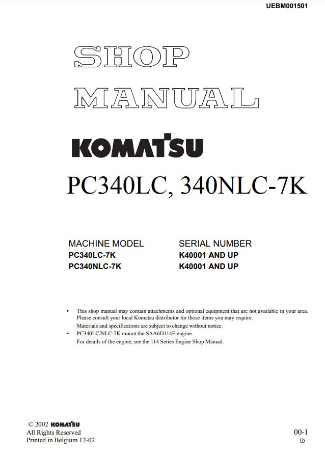 MANUAL DE SERVICIOS EXCAVADORA PC340LC, 340NLC-7K