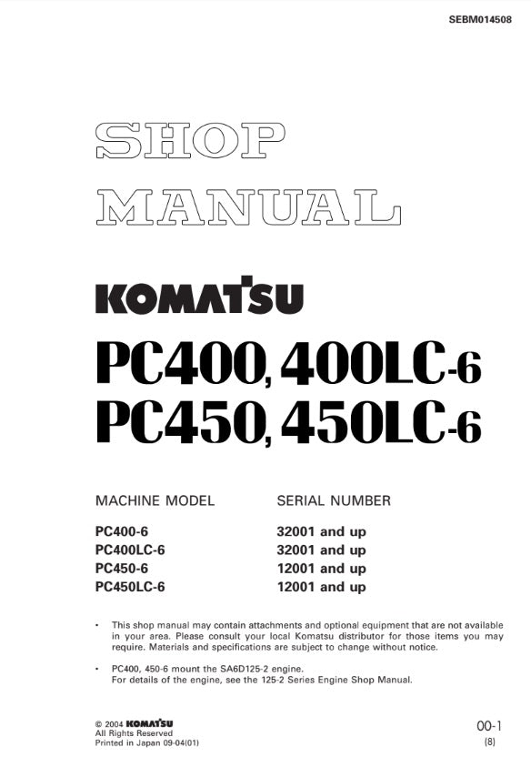 MANUAL DE SERVICIOS EXCAVADORA PC400 400LC-6 PC450 450LC-6