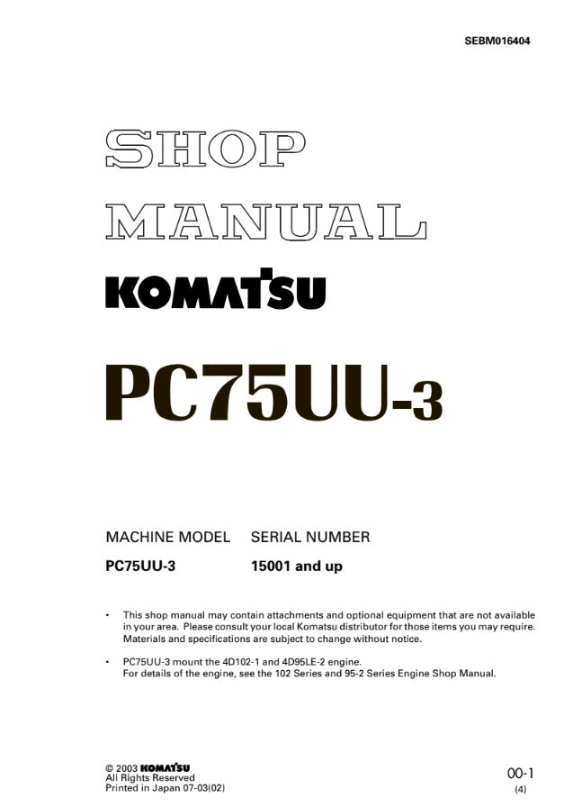 MANUAL DE SERVICIOS EXCAVADORA PC75UU-3 15001